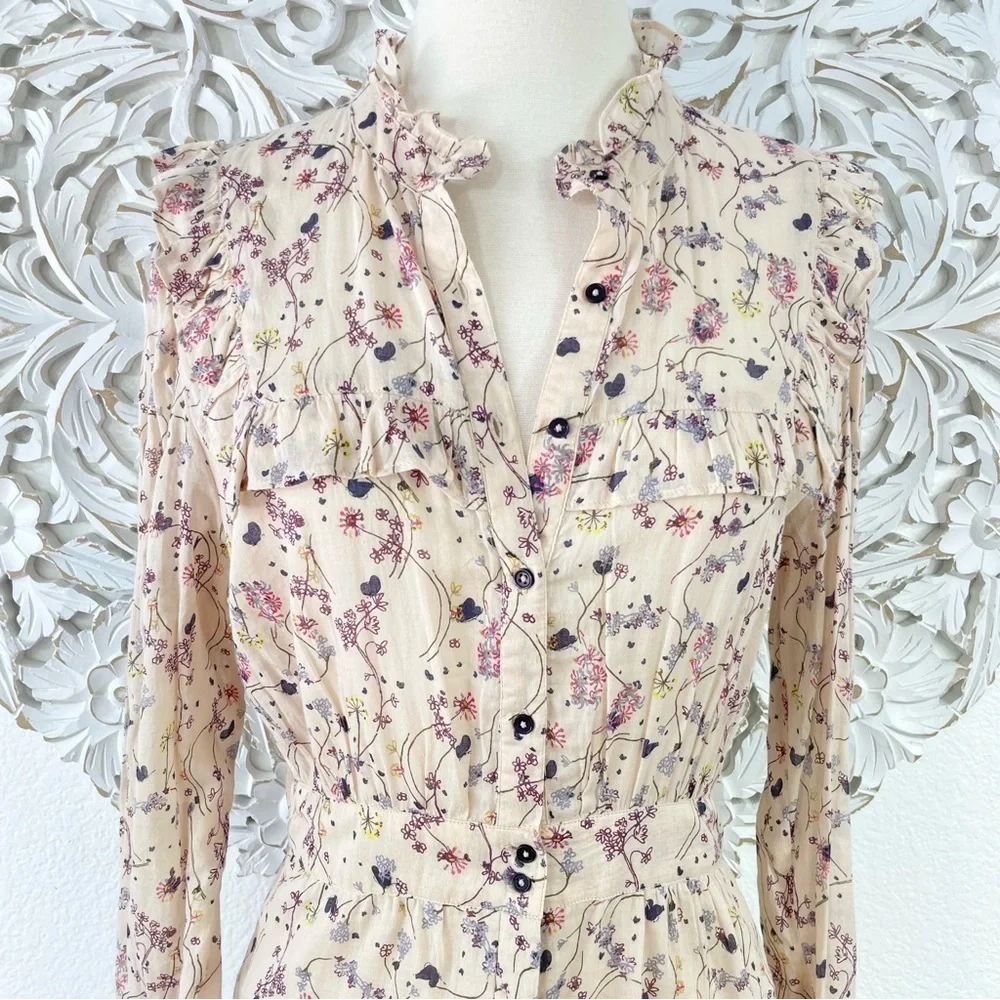 {BA&SH} Belle Pleated Ruffle Floral Cotton-Gauze Dress, Size L, NWT